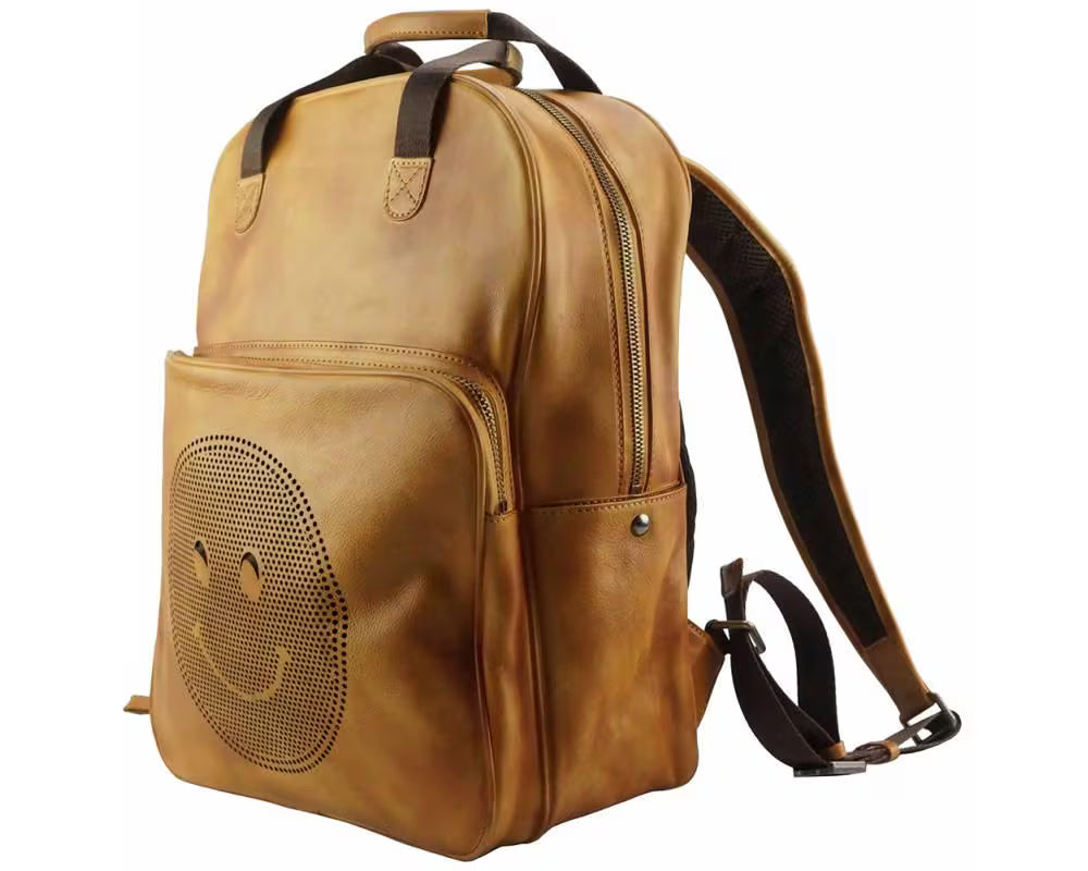 Serious Italian Leather Backpack – Playful Smiley Face Design, Handcrafted in Florence