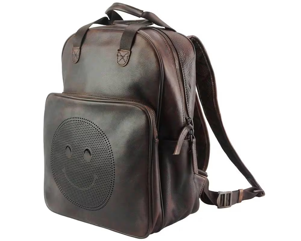 Serious Italian Leather Backpack – Playful Smiley Face Design, Handcrafted in Florence