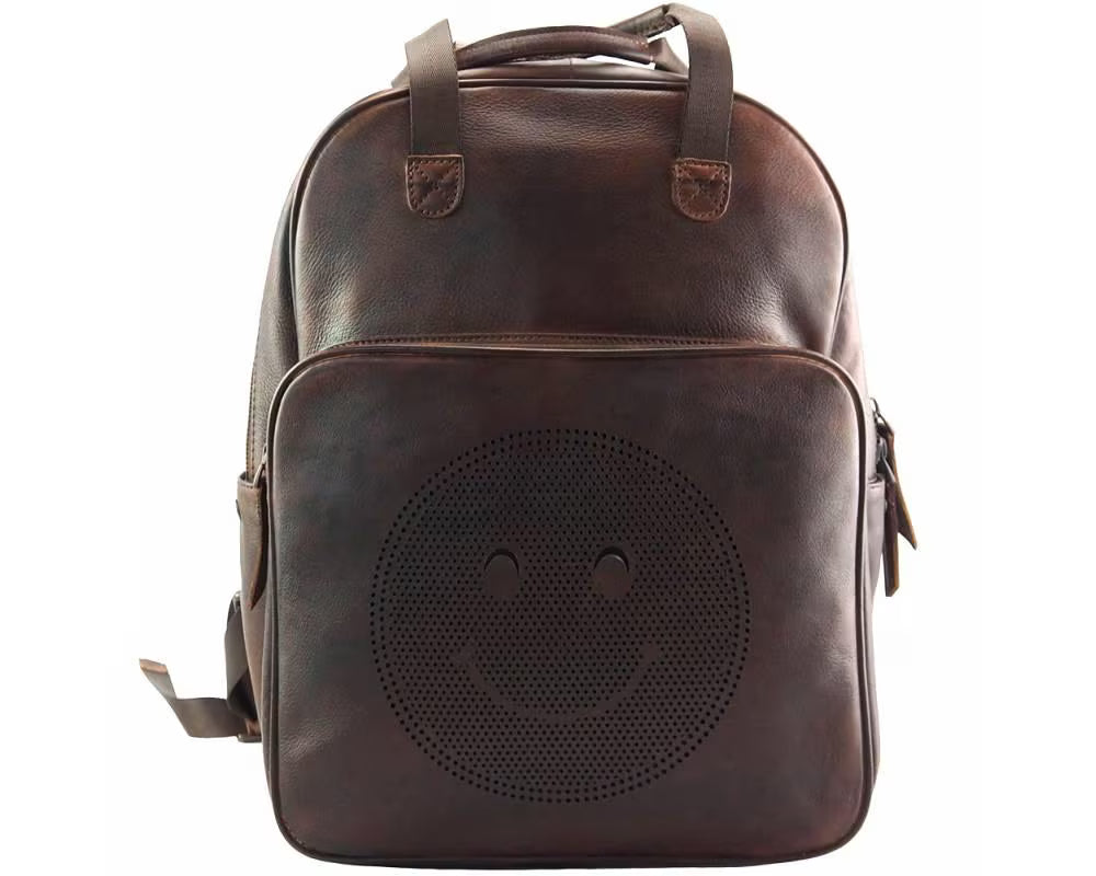 Serious Italian Leather Backpack – Playful Smiley Face Design, Handcrafted in Florence