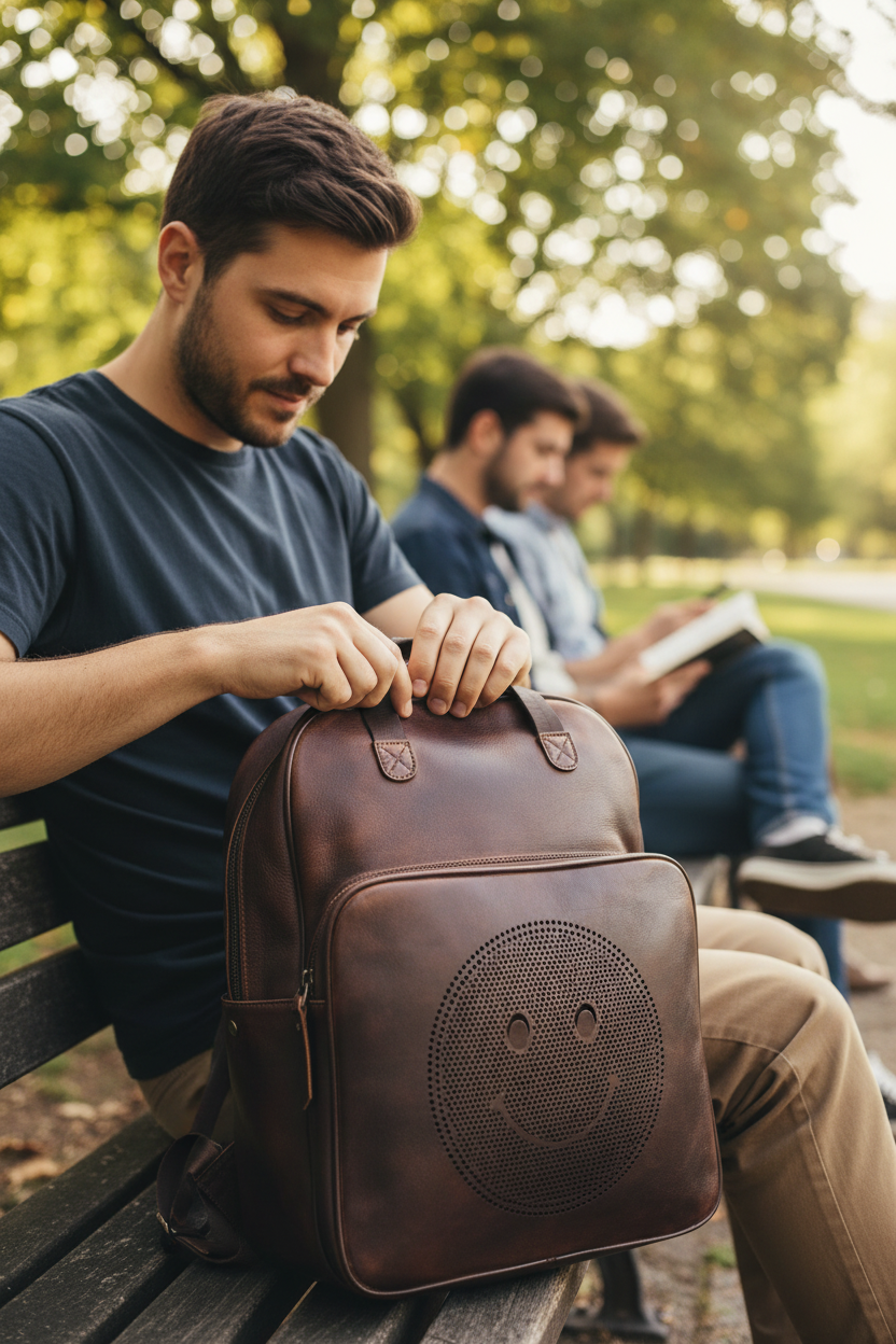 Serious Italian Leather Backpack – Playful Smiley Face Design, Handcrafted in Florence